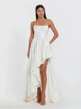 Mac Duggal Strapless White Hi-Low Satin Bridal Gown